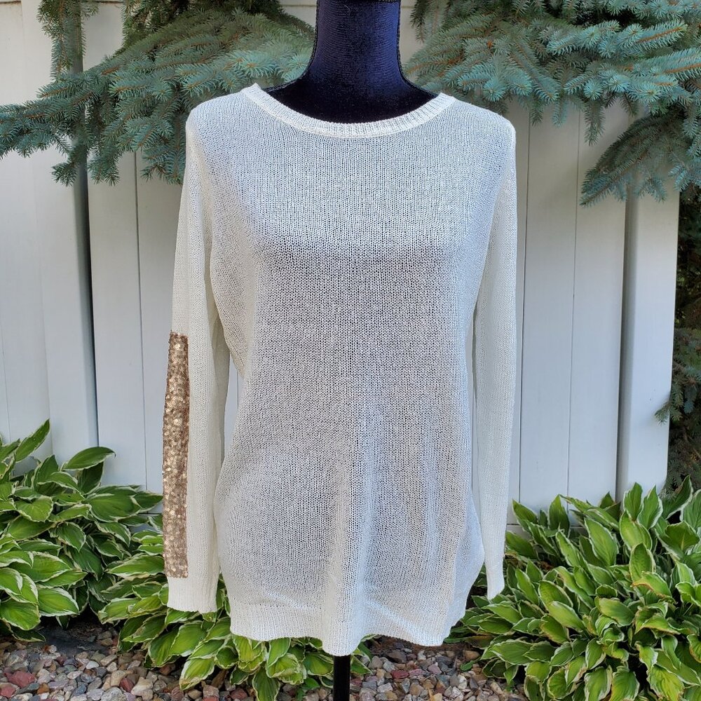 L Love Cream Knit Sweater with Rose Gold Sequins, Size M/L